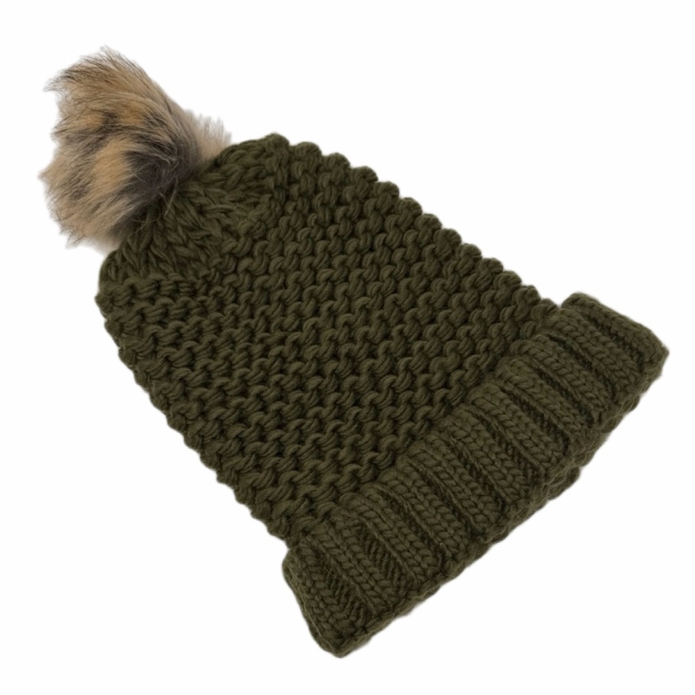 NYC Underground Cozy Olive Green Knit Beanie with Faux Fur Pom Size OS